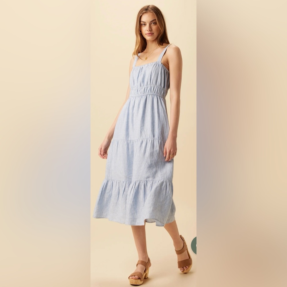 NWT Amour Vert Elio Linen Midi Dress, Blue Natural Stripe